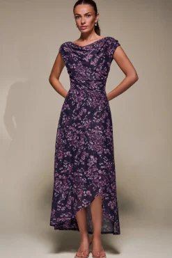 Jolie Moi Occasion Dresses|Floral Dresses-Asymmetric Draped Mesh Maxi Dress, Purple Floral