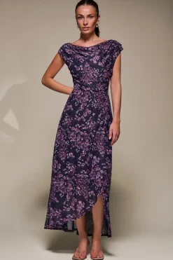 Jolie Moi Occasion Dresses|Floral Dresses-Asymmetric Draped Mesh Maxi Dress, Purple Floral