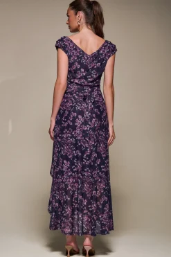 Jolie Moi Occasion Dresses|Floral Dresses-Asymmetric Draped Mesh Maxi Dress, Purple Floral