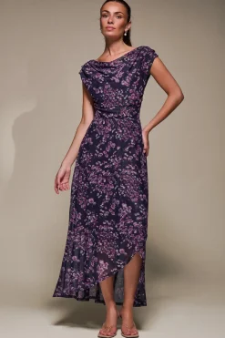Jolie Moi Occasion Dresses|Floral Dresses-Asymmetric Draped Mesh Maxi Dress, Purple Floral