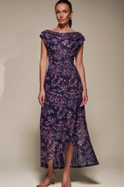 Jolie Moi Occasion Dresses|Floral Dresses-Asymmetric Draped Mesh Maxi Dress, Purple Floral