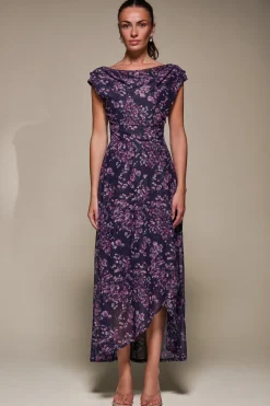 Jolie Moi Occasion Dresses|Floral Dresses-Asymmetric Draped Mesh Maxi Dress, Purple Floral