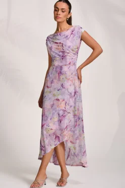 Jolie Moi Occasion Dresses|Mesh Dresses-Asymmetric Draped Mesh Maxi Dress, Purple Floral