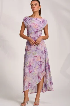 Jolie Moi Occasion Dresses|Mesh Dresses-Asymmetric Draped Mesh Maxi Dress, Purple Floral