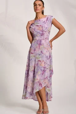 Jolie Moi Occasion Dresses|Mesh Dresses-Asymmetric Draped Mesh Maxi Dress, Purple Floral