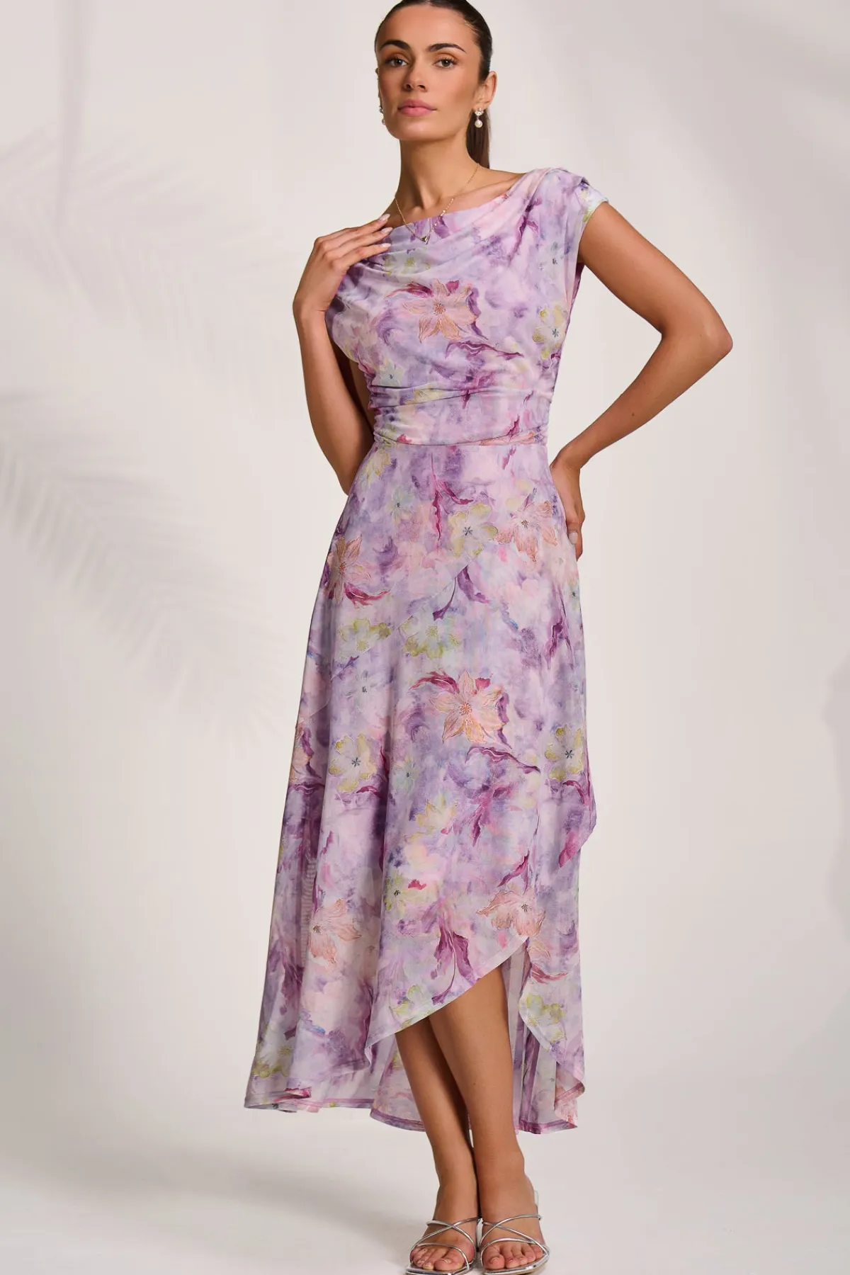 Jolie Moi Occasion Dresses|Mesh Dresses-Asymmetric Draped Mesh Maxi Dress, Purple Floral