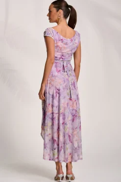 Jolie Moi Occasion Dresses|Mesh Dresses-Asymmetric Draped Mesh Maxi Dress, Purple Floral