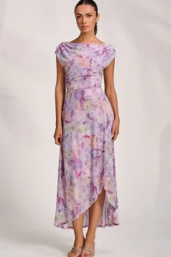 Jolie Moi Occasion Dresses|Mesh Dresses-Asymmetric Draped Mesh Maxi Dress, Purple Floral