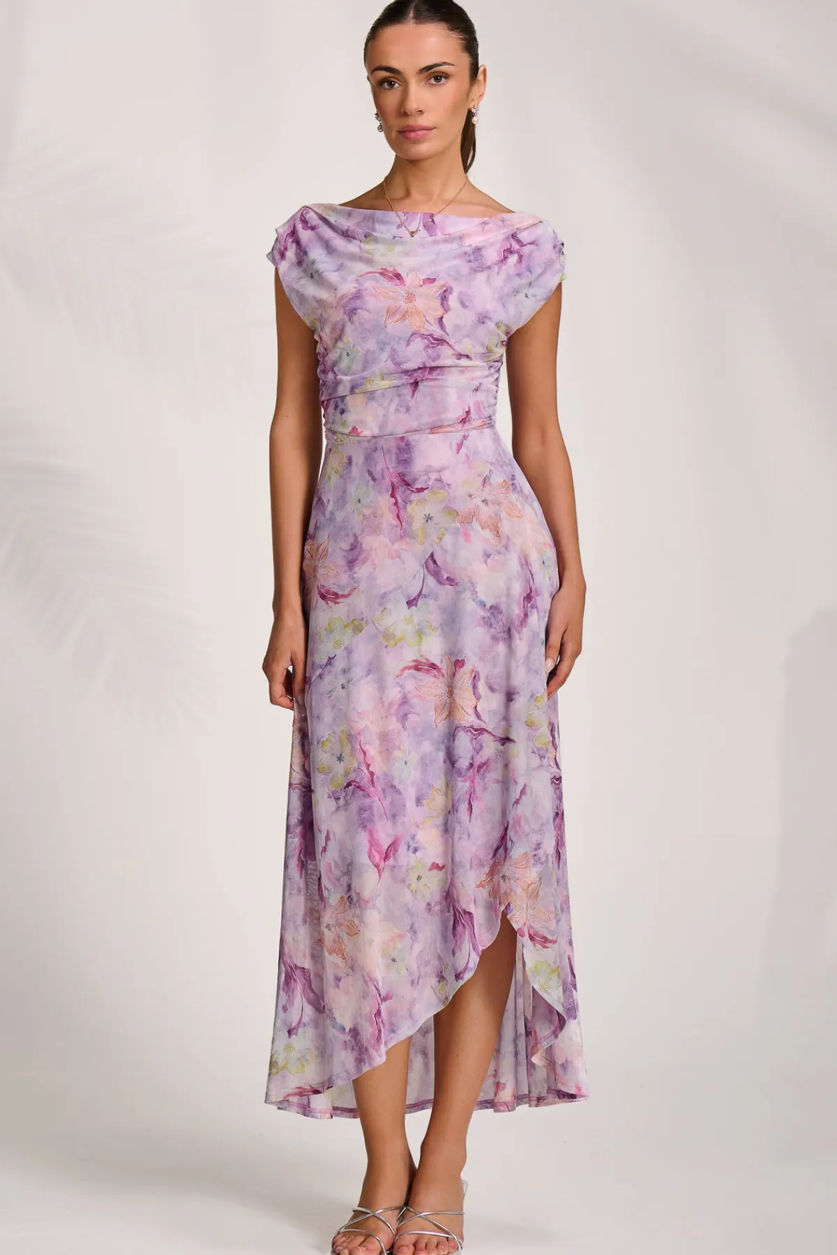 Jolie Moi Occasion Dresses|Mesh Dresses-Asymmetric Draped Mesh Maxi Dress, Purple Floral