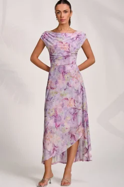 Jolie Moi Occasion Dresses|Mesh Dresses-Asymmetric Draped Mesh Maxi Dress, Purple Floral