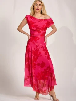 Jolie Moi Occasion Dresses|Party Dresses-Asymmetric Draped Mesh Maxi Dress, Red Floral