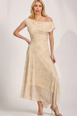 Jolie Moi Occasion Dresses|Party Dresses-Asymmetric Draped Mesh Maxi Dress, Yellow Check