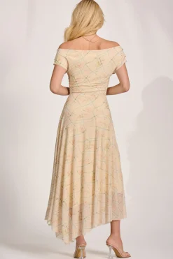 Jolie Moi Occasion Dresses|Party Dresses-Asymmetric Draped Mesh Maxi Dress, Yellow Check