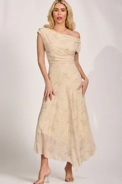 Jolie Moi Occasion Dresses|Party Dresses-Asymmetric Draped Mesh Maxi Dress, Yellow Check