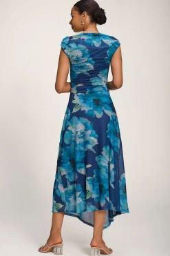 Jolie Moi Occasion Dresses|Mesh Dresses-Asymmetric Draped Mesh Midaxi Dress, Blue Floral