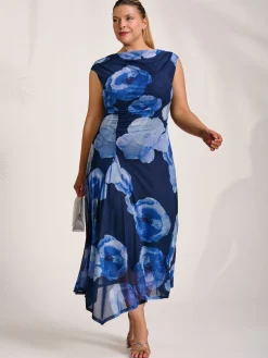 Jolie Moi Occasion Dresses|Mesh Dresses-Asymmetric Draped Mesh Midaxi Dress, Blue Floral