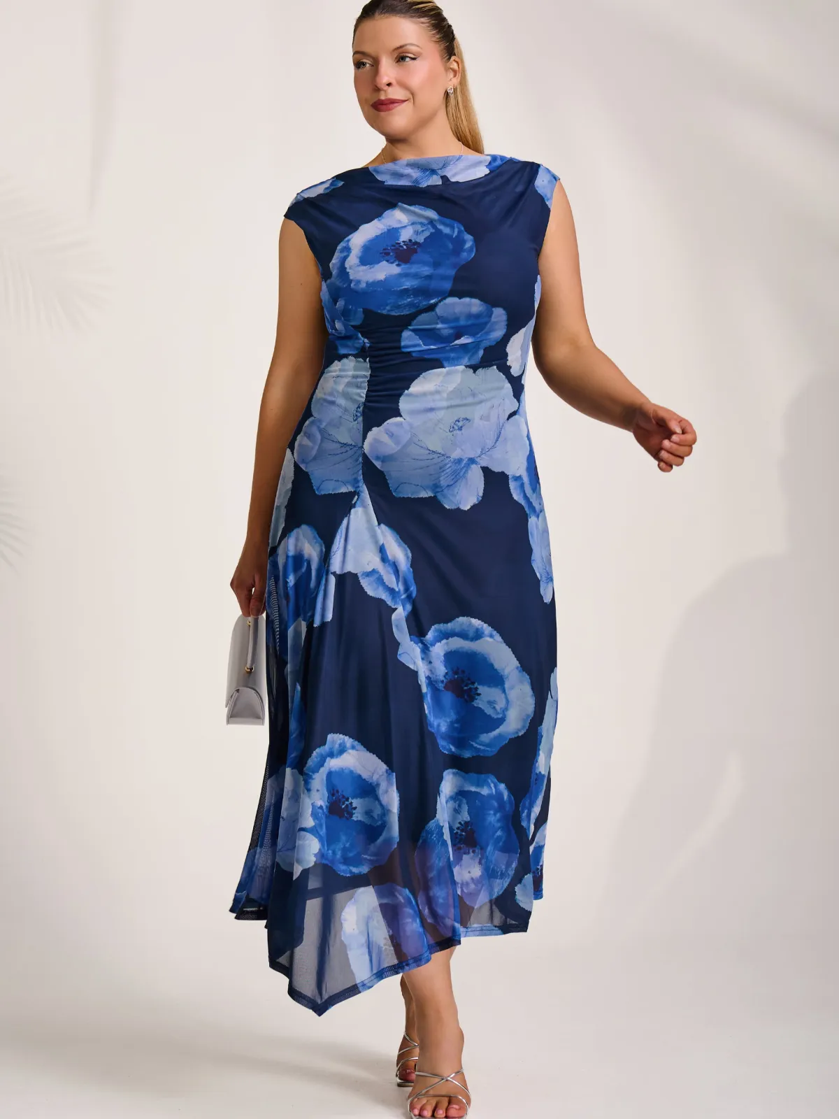 Jolie Moi Occasion Dresses|Mesh Dresses-Asymmetric Draped Mesh Midaxi Dress, Blue Floral