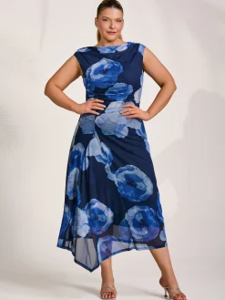 Jolie Moi Occasion Dresses|Mesh Dresses-Asymmetric Draped Mesh Midaxi Dress, Blue Floral