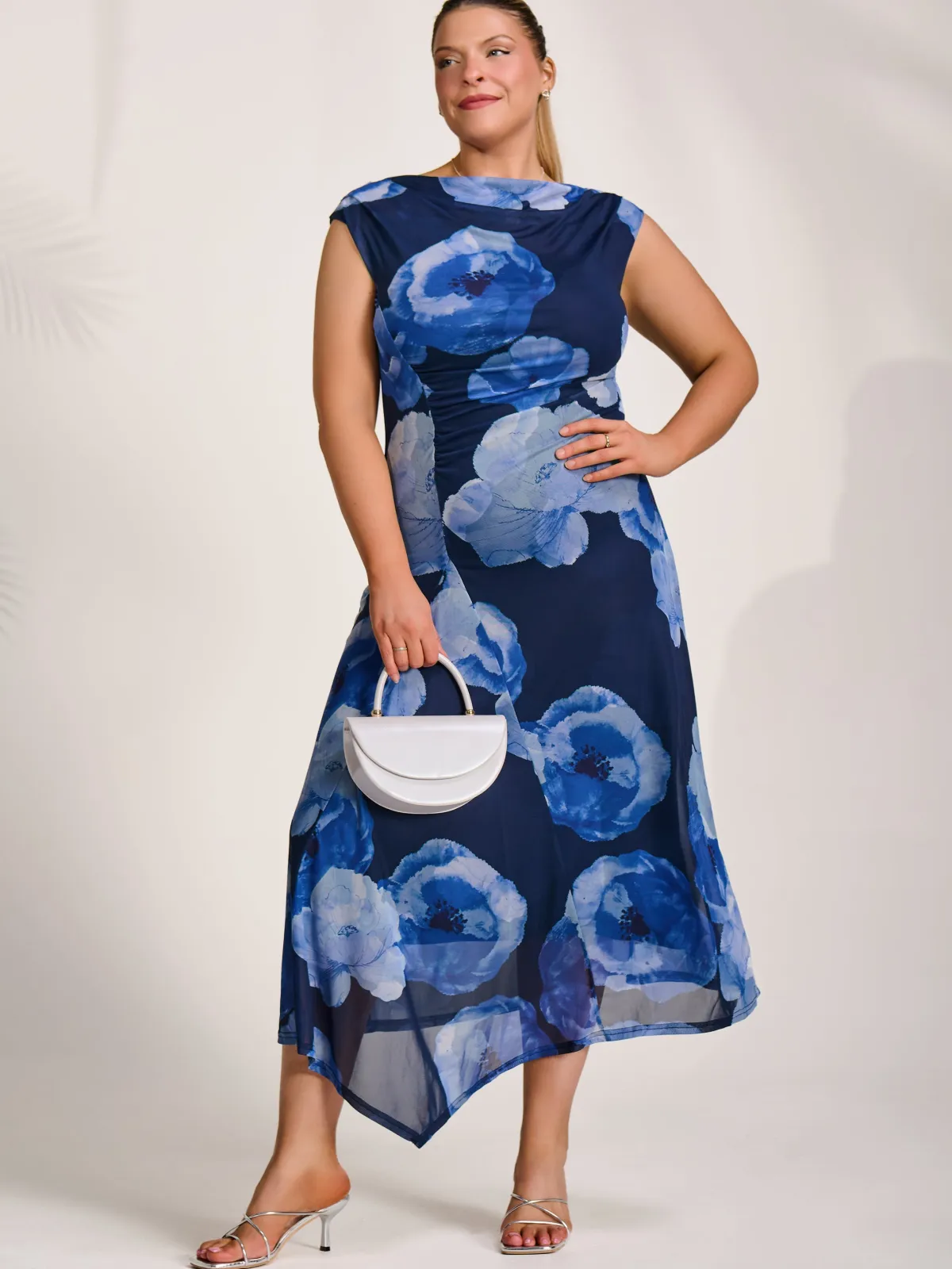 Jolie Moi Occasion Dresses|Mesh Dresses-Asymmetric Draped Mesh Midaxi Dress, Blue Floral