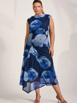 Jolie Moi Occasion Dresses|Mesh Dresses-Asymmetric Draped Mesh Midaxi Dress, Blue Floral