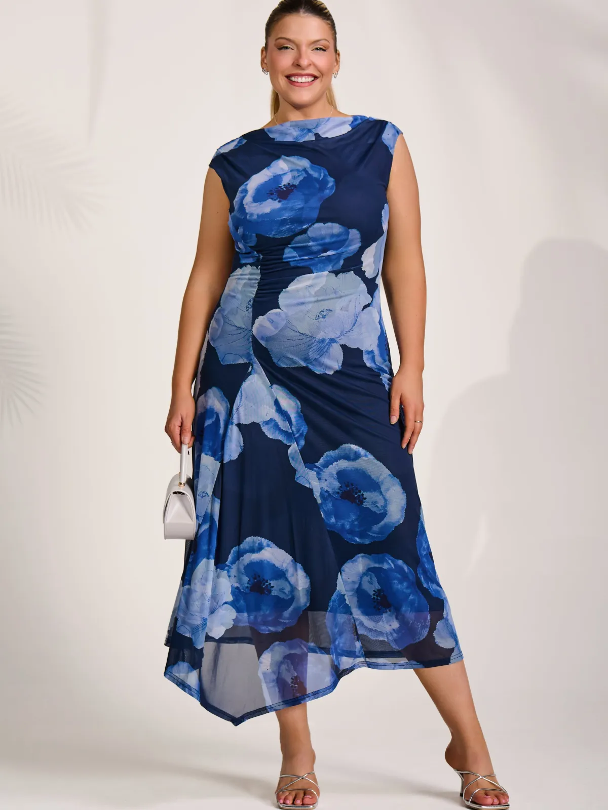 Jolie Moi Occasion Dresses|Mesh Dresses-Asymmetric Draped Mesh Midaxi Dress, Blue Floral
