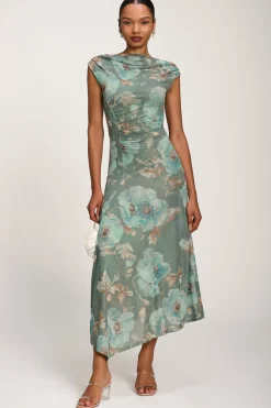 Jolie Moi Occasion Dresses|Party Dresses-Asymmetric Draped Mesh Midaxi Dress, Green Floral