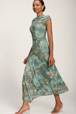 Jolie Moi Occasion Dresses|Party Dresses-Asymmetric Draped Mesh Midaxi Dress, Green Floral
