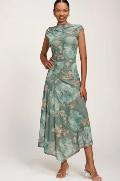 Jolie Moi Occasion Dresses|Party Dresses-Asymmetric Draped Mesh Midaxi Dress, Green Floral