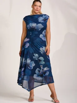 Jolie Moi Occasion Dresses|Floral Dresses-Asymmetric Draped Mesh Midaxi Dress, Navy Floral