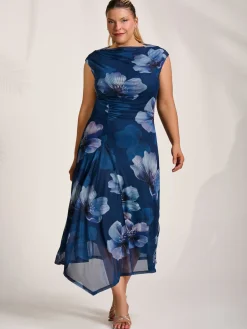Jolie Moi Occasion Dresses|Floral Dresses-Asymmetric Draped Mesh Midaxi Dress, Navy Floral