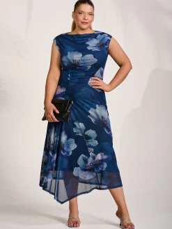 Jolie Moi Occasion Dresses|Floral Dresses-Asymmetric Draped Mesh Midaxi Dress, Navy Floral