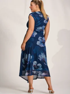 Jolie Moi Occasion Dresses|Floral Dresses-Asymmetric Draped Mesh Midaxi Dress, Navy Floral