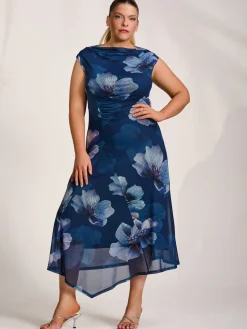 Jolie Moi Occasion Dresses|Floral Dresses-Asymmetric Draped Mesh Midaxi Dress, Navy Floral