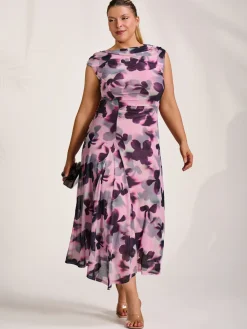Jolie Moi Wedding Guest|Wedding Guest-Asymmetric Draped Mesh Midaxi Dress, Pink Abstract