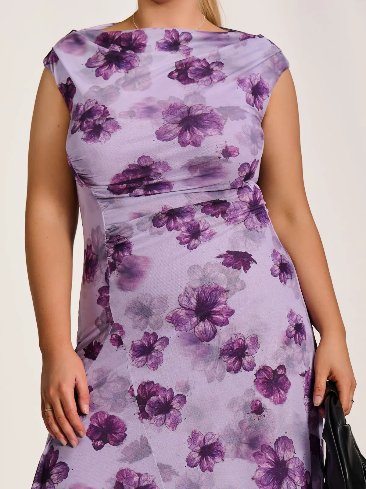 Jolie Moi Occasion Dresses|Mesh Dresses-Asymmetric Draped Mesh Midaxi Dress, Purple Floral