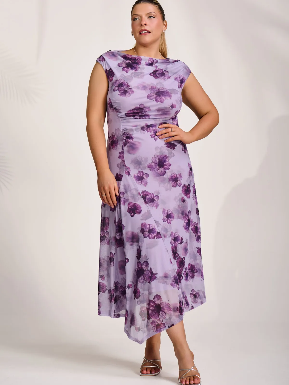 Jolie Moi Occasion Dresses|Mesh Dresses-Asymmetric Draped Mesh Midaxi Dress, Purple Floral
