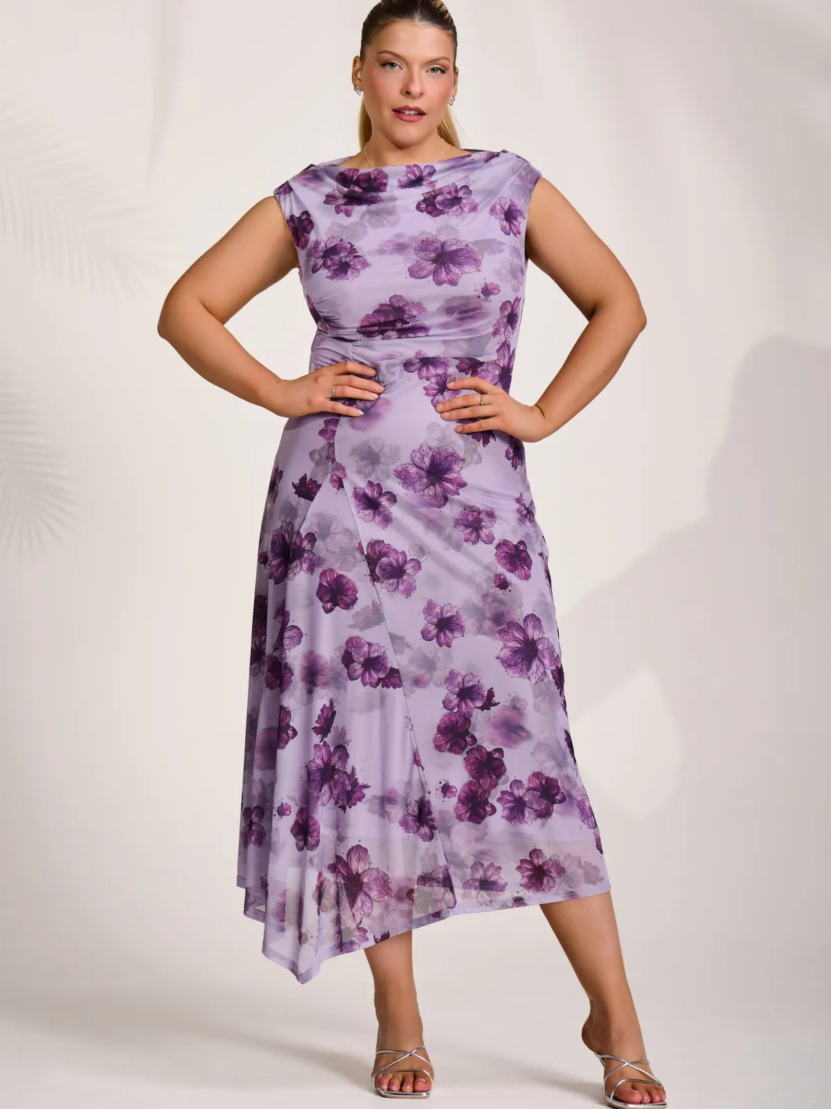 Jolie Moi Occasion Dresses|Mesh Dresses-Asymmetric Draped Mesh Midaxi Dress, Purple Floral