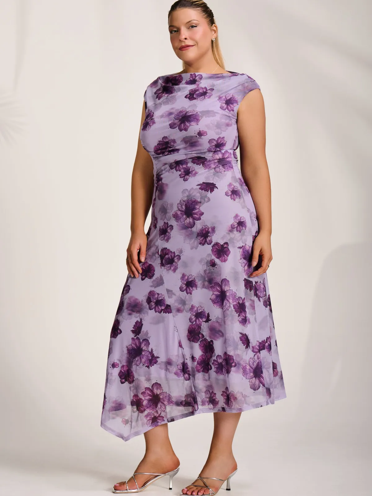 Jolie Moi Occasion Dresses|Mesh Dresses-Asymmetric Draped Mesh Midaxi Dress, Purple Floral