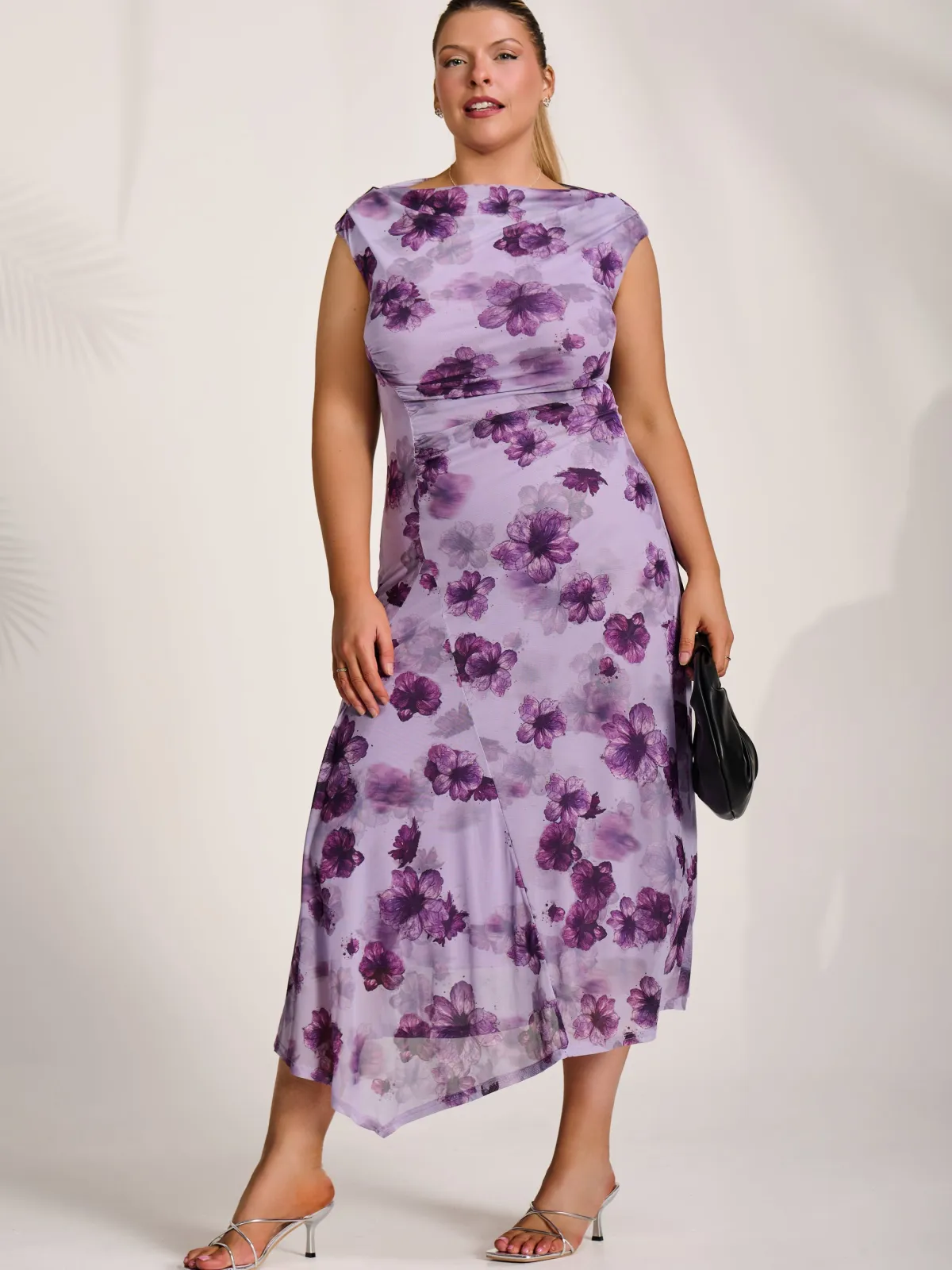 Jolie Moi Occasion Dresses|Mesh Dresses-Asymmetric Draped Mesh Midaxi Dress, Purple Floral