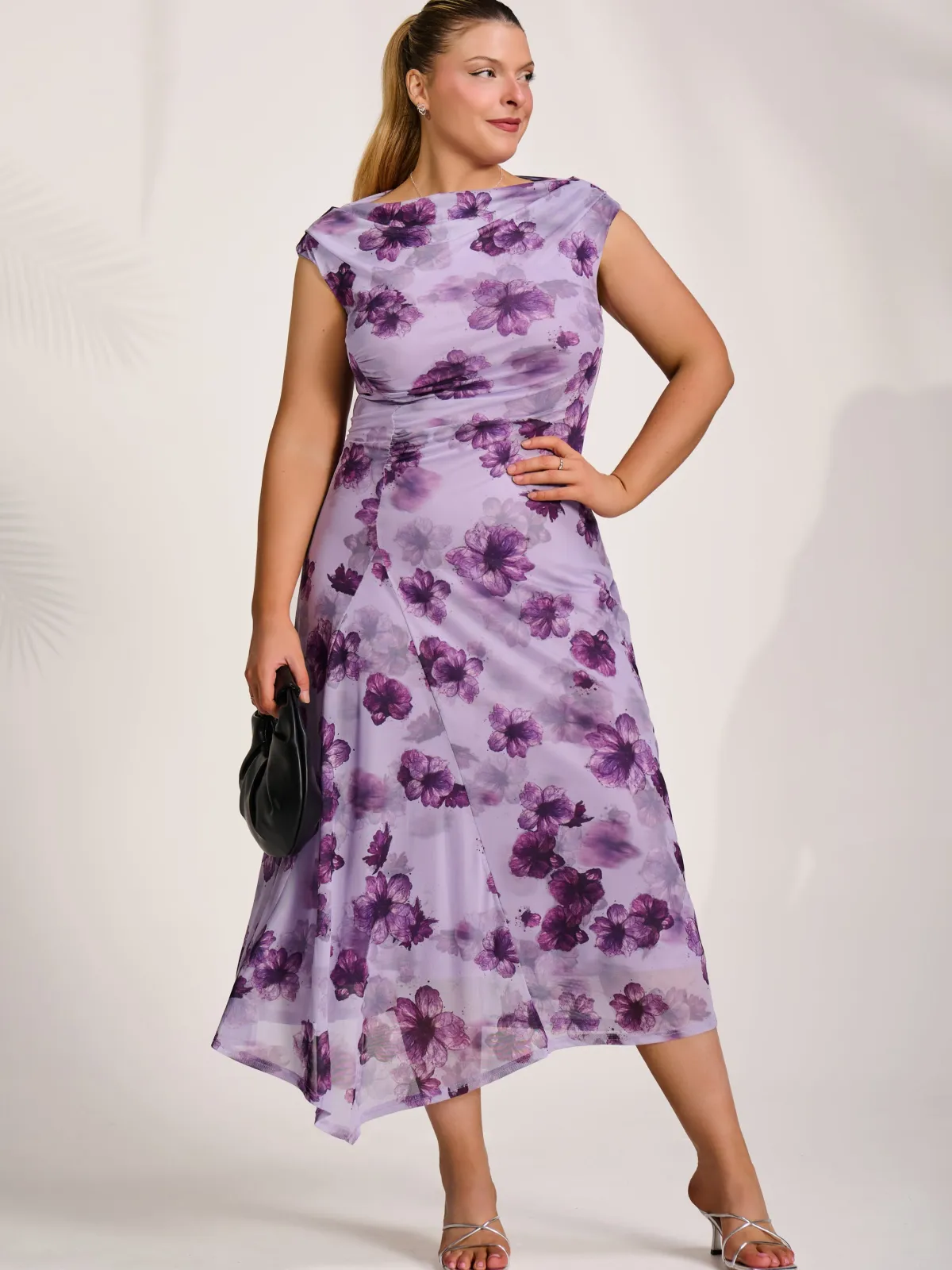 Jolie Moi Occasion Dresses|Mesh Dresses-Asymmetric Draped Mesh Midaxi Dress, Purple Floral