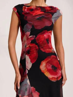 Jolie Moi Wedding Guest|Wedding Guest-Asymmetric Draped Mesh Midaxi Dress, Red Floral