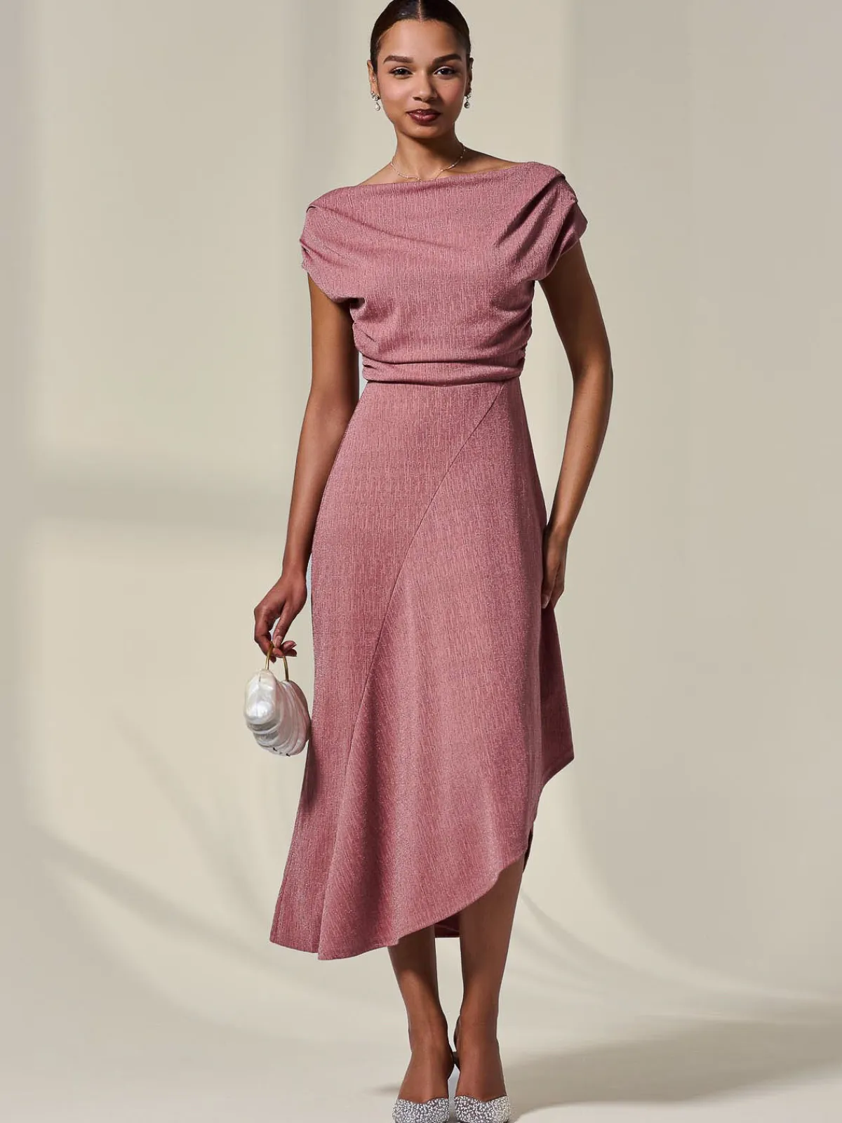 Jolie Moi Occasion Dresses|Party Dresses-Asymmetric Draped Midi Dress, Rosewood