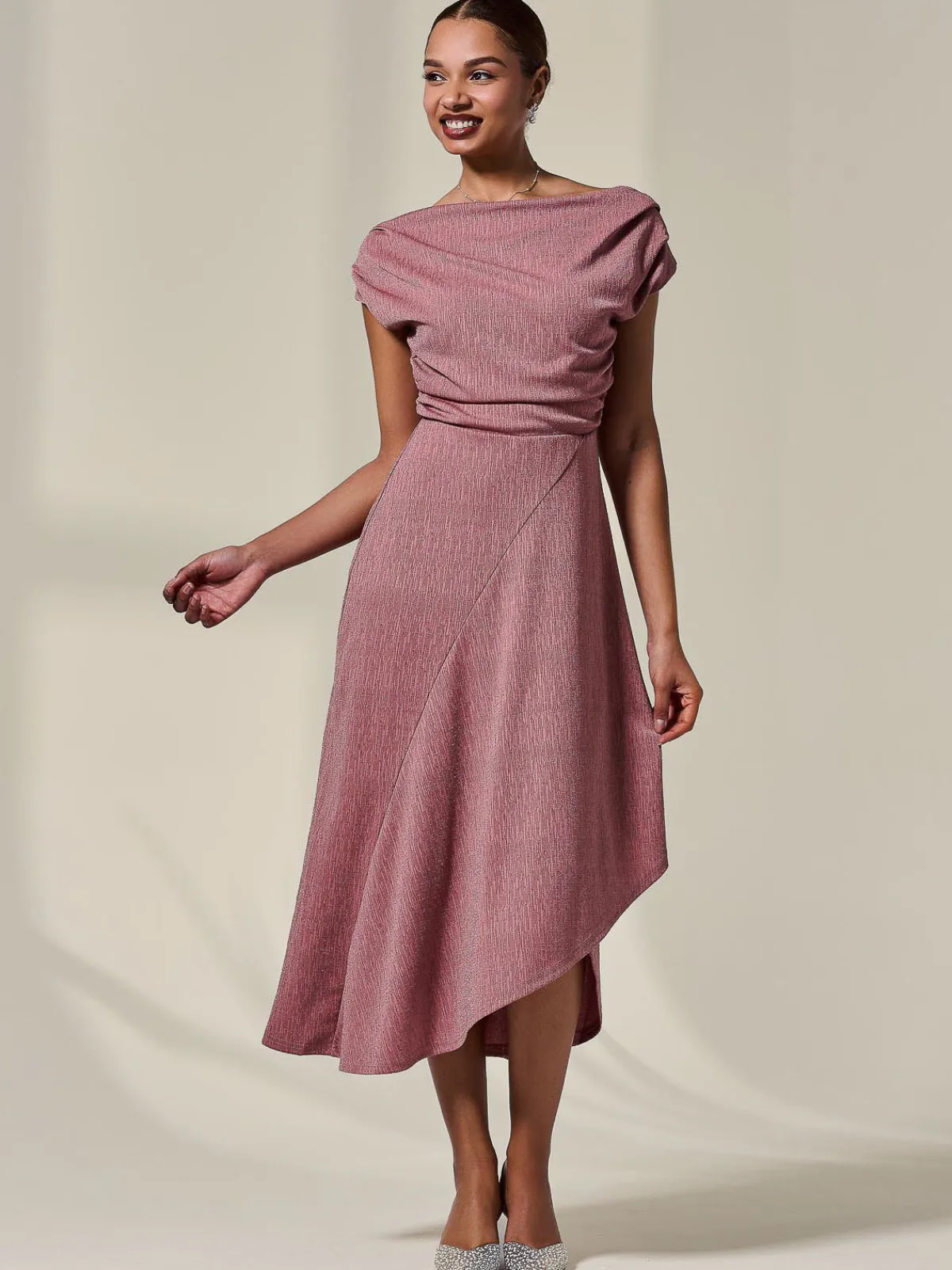 Jolie Moi Occasion Dresses|Party Dresses-Asymmetric Draped Midi Dress, Rosewood
