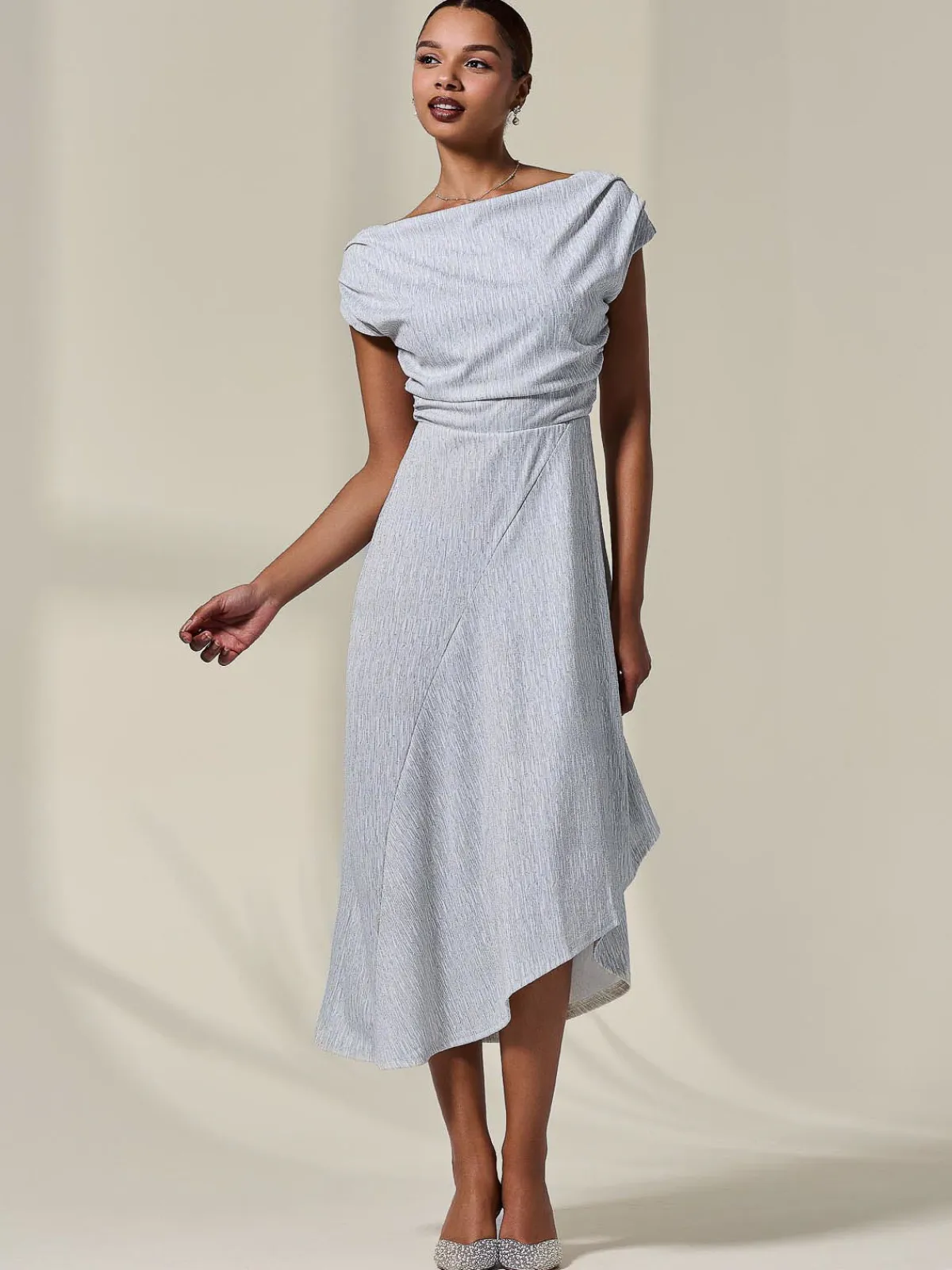 Jolie Moi Occasion Dresses|Sleeveless Dresses-Asymmetric Draped Midi Dress, White