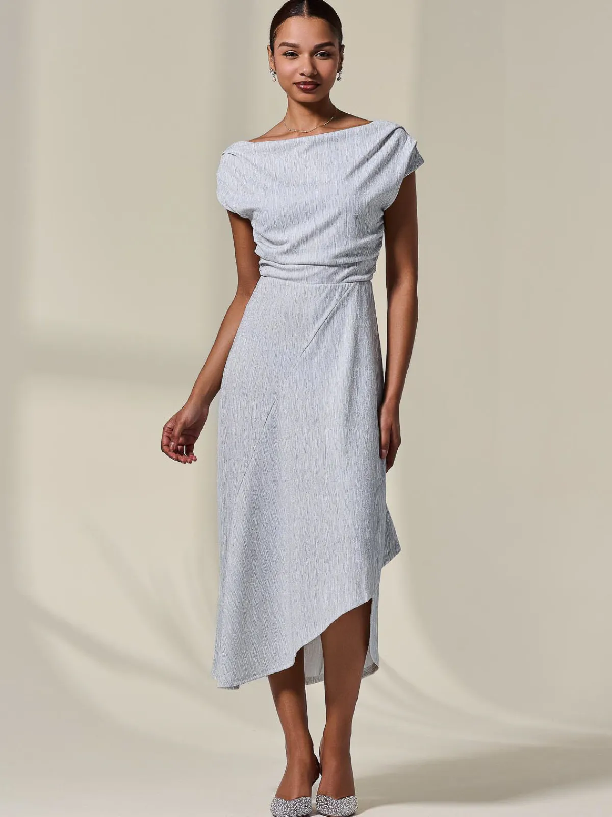 Jolie Moi Occasion Dresses|Sleeveless Dresses-Asymmetric Draped Midi Dress, White