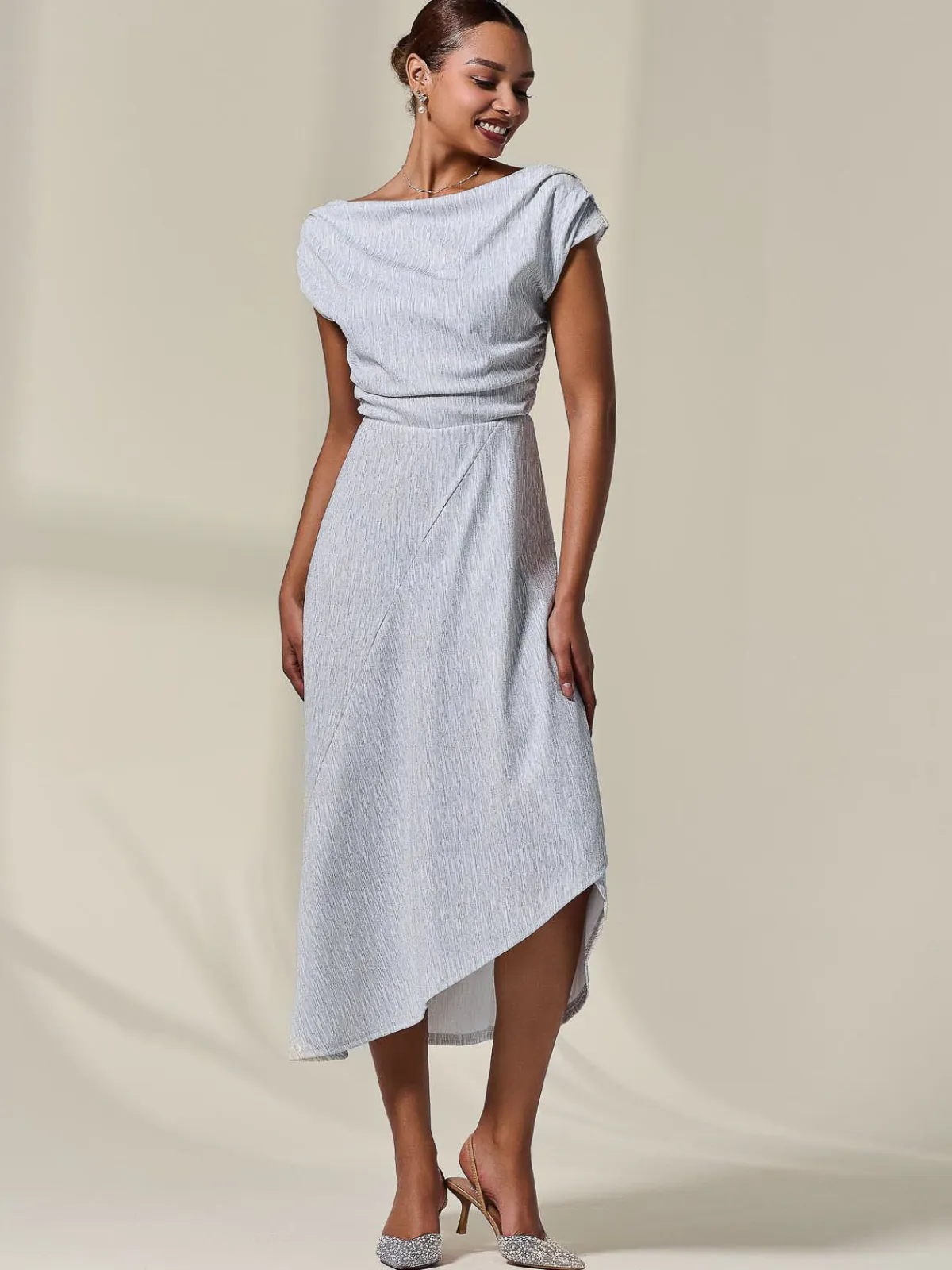 Jolie Moi Occasion Dresses|Sleeveless Dresses-Asymmetric Draped Midi Dress, White