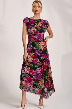 Jolie Moi Occasion Dresses|Floral Dresses-Asymmetric Draped Print Lace Maxi Dress, Floral Multi