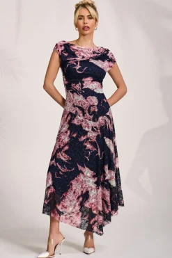 Jolie Moi Occasion Dresses|Sleeveless Dresses-Asymmetric Draped Print Lace Maxi Dress, Pink Abstract
