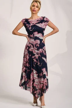 Jolie Moi Occasion Dresses|Sleeveless Dresses-Asymmetric Draped Print Lace Maxi Dress, Pink Abstract
