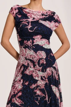 Jolie Moi Occasion Dresses|Sleeveless Dresses-Asymmetric Draped Print Lace Maxi Dress, Pink Abstract